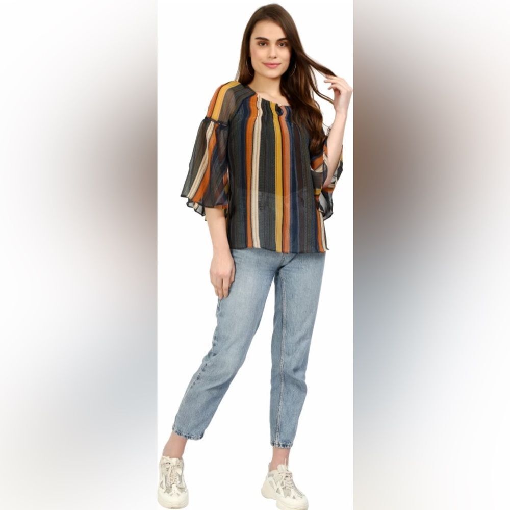 John Paul Richard Bell Sleeve Sheer Striped Top size PXL